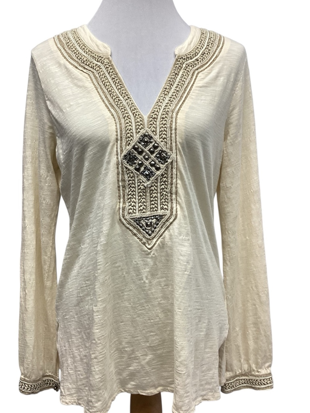 Lucky Brand Embellished Cream V-Neck Top Misses size L